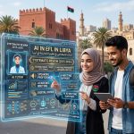 صوة تعبيرية تُظهر طالبين أمام مبنى جامعة ليبية عريقة، وبينهما شاشة هولوغرامية مضيئة تعرض بيانات ورسومات بيانية حول دمج الذكاء الاصطناعي في مناهج اللغة الإنجليزية، مع عبارة "The Algorithmic Turn" تطفو في الأفق.