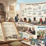 لوحة فنية تجمع بين معالم تاريخية ليبية ووسائل تعليمية حديثة، ترمز لتطور تعليم اللغة الإنجليزية من المرحلة الكلاسيكية إلى عصر الذكاء الاصطناعي.