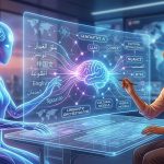 A conceptual digital illustration of an augmented translation interface for a post on "The Future of Translation," showing a human translator with headphones collaborating with a glowing, friendly AI entity. The transparent holographic display highlights keywords like "GENERATIVE AI," "LLM," "CONTEXT," "NUANCE," and "LINGUISTIC ORCHESTRATOR" with data streams connecting different languages.
