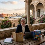 طالبة ليبية محجبة تدرس اللغة الإنجليزية في شرفة مطلة على البحر والسراي الحمراء في طرابلس، وتجمع بين الكتب التاريخية (1950s) والكتب الحديثة (2024)، مما يجسد تطور تعليم اللغة الإنجليزية عبر العقود.