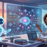 صورة رقمية مستقبلية لمترجم بشري يعمل جنباً إلى جنب مع واجهة ذكاء اصطناعي هولوغرافية متوهجة، تعرض تدفقات بيانات لغوية تتضمن نصوصاً عربية، وترمز إلى مفاهيم "المنسق اللغوي" والذكاء الاصطناعي التوليدي في مجال الترجمة.